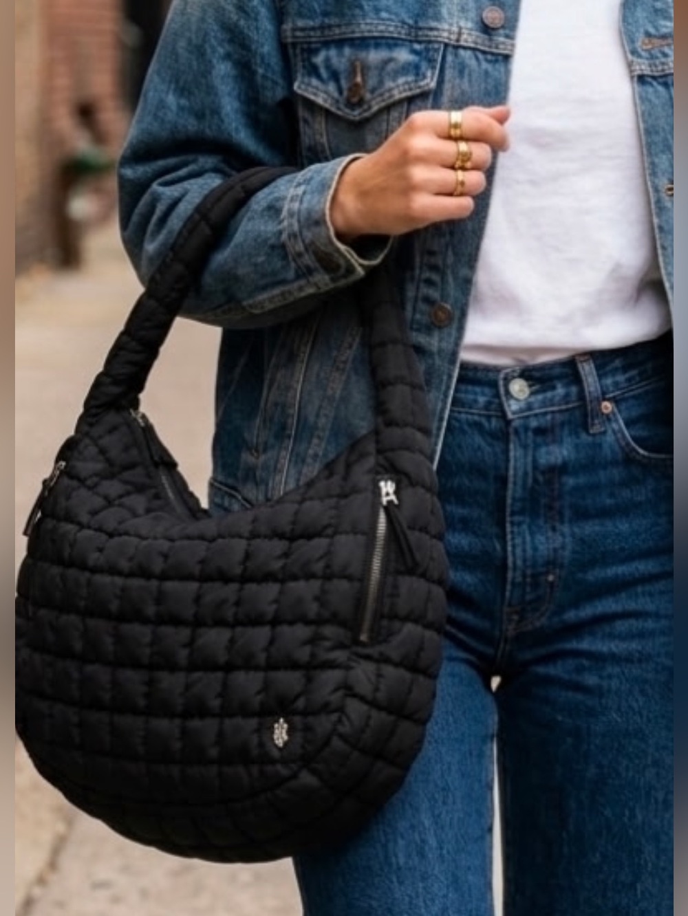FP Movement by Free People Black Quilted Puffer Shoulder Bag with Ruched Strap
